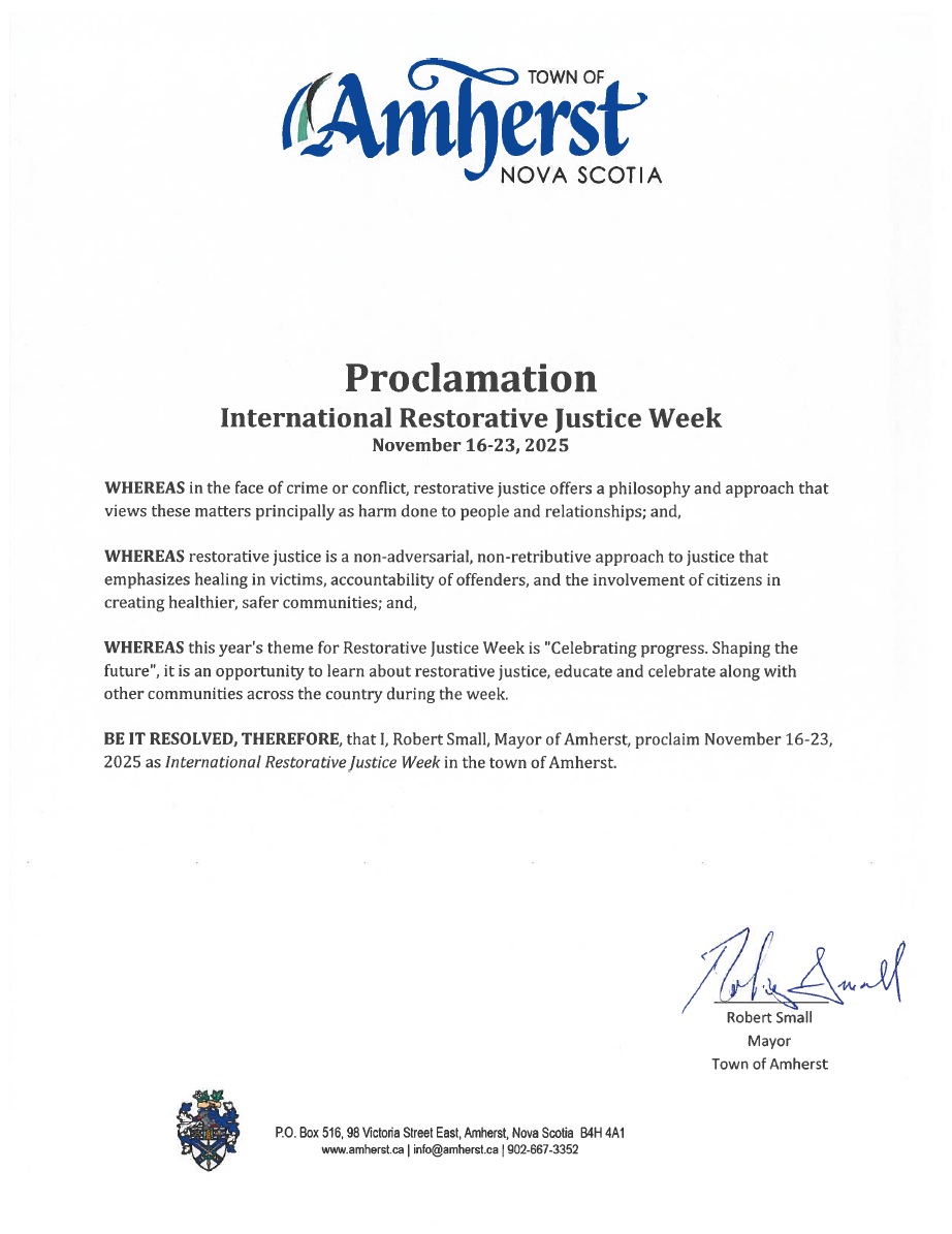 A PDF of the official proclamation for International Restorative Justice Week 2025, signed by Amherst Mayor Rob Small