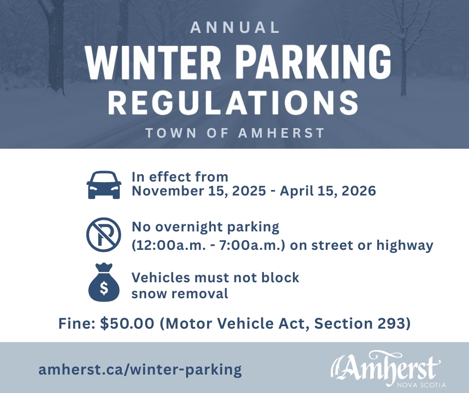 Graphic image presenting details of the Town of Amherst winter parking ban, with all details also being presented in the webpage copy
