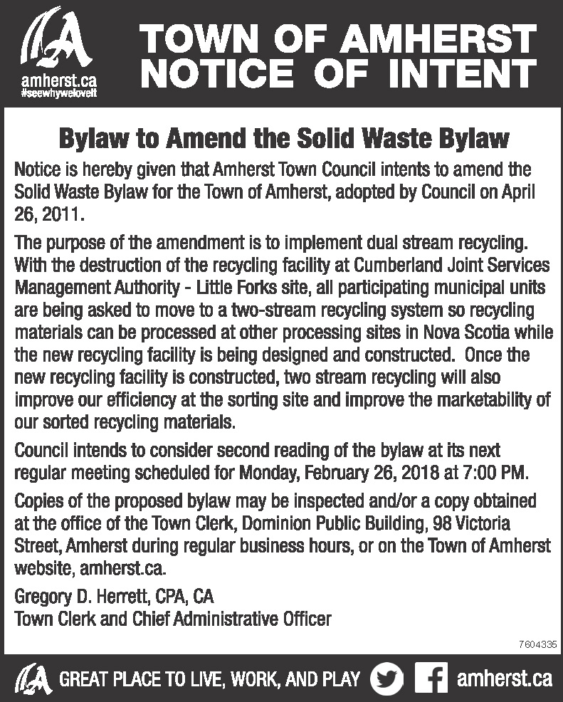 20180209 Notice of Intent Bylaw to Amend the Solid Waste Bylaw